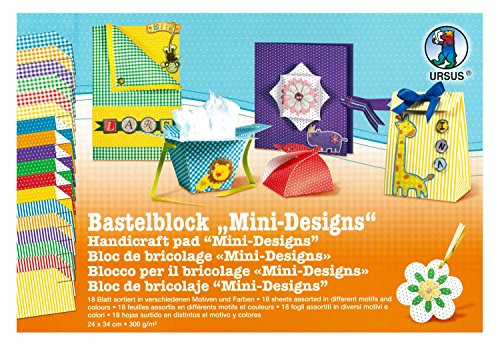 Ursus 12160099 - Bastelblock Mini Designs, ca. 24 x 34 cm, 18 Blatt in verschiedenen Farben und Mustern, 300 g/qm, beidseitig bedruckt, optimal für kreative Bastelarbeiten von Ursus