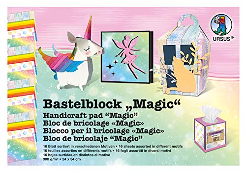 Ursus 12690010 - Bastelblock Magic, ca. 24 x 34 cm, 16 Blatt in 4 verschiedenen Motiven, 300 g/qm, durchgefärbt, aus Frischzellulose, mit hoher Farbbillanz und Lichtbeständigkeit von Ursus