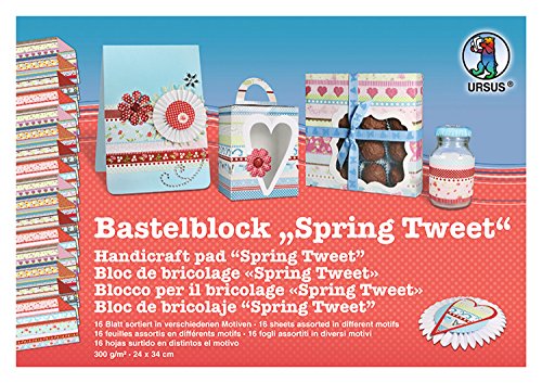 Ursus 13500099 - Bastelblock Spring Tweet, ca. 24 x 34 cm, 16 Blatt in verschiedenen Motiven, 300 g/qm, beidseitig bedruckt, ideale Grundlage zum Basteln von festlichen Dekorationen von Ursus