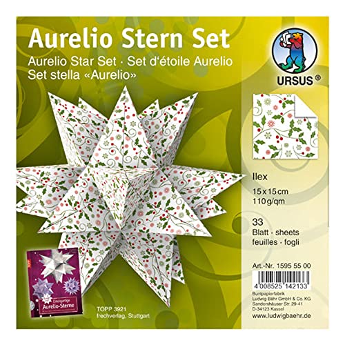 Ursus 15955500 - Faltblätter Aurelio Stern Ilex, weiß / rot / grün, 33 Blatt, aus Shimmer Papier 110 g/qm, ca. 15 x 15 cm, Vorderseite mit Veredelung, ideal als Weihnachtsdeko Ursus 15955500 - Faltblätter Aurelio Stern Ilex, weiß / rot / grün, 33 Blatt, aus Shimmer Papier 110 g/qm, ca. 15 x 15 cm, Vorderseite mit Veredelung, ideal als Weihnachtsdeko von Ursus