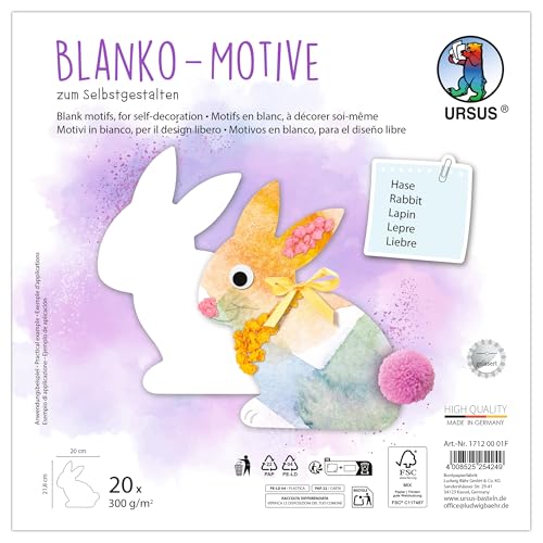 Ursus 1712 00 01F - Blanko Motive "Hase", 20 Stück aus 300 g/m² Fotokarton, 21,8 x 20 cm, DIY Bastelpapier zum Ausmalen, Bekleben, Ausschneiden & Selbstgestalten von Ursus