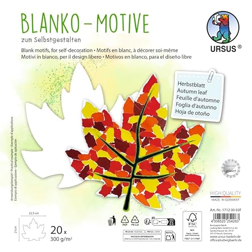 Ursus 1712 00 03F - Blanko Motive "Herbstblatt", 20 Stück aus 300 g/m² Fotokarton, 22,5 x 21 cm, DIY Bastelpapier zum Ausmalen, Bekleben, Ausschneiden & Selbstgestalten von Ursus