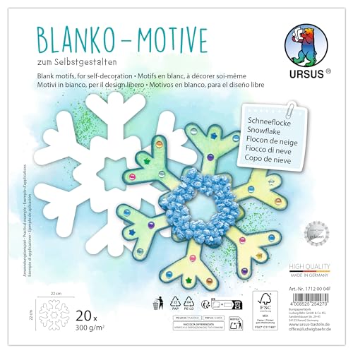 Ursus 1712 00 04F - Blanko Motive "Schneeflocke", 20 Stück aus 300 g/m² Fotokarton, 22 x 22 cm, DIY Bastelpapier zum Ausmalen, Bekleben, Ausschneiden & Selbstgestalten von Ursus