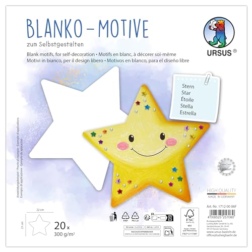 Ursus 1712 00 06F - Blanko Motive "Stern", 20 Stück aus 300 g/m² Fotokarton, 22 x 21 cm, DIY Bastelpapier zum Ausmalen, Bekleben, Ausschneiden & Selbstgestalten von Ursus