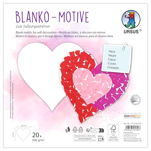 Ursus 1712 00 07F - Blanko Motive "Herz", 20 Stück aus 300 g/m² Fotokarton, 23 x 22,5 cm, DIY Bastelpapier zum Ausmalen, Bekleben, Ausschneiden & Selbstgestalten Ursus 1712 00 07F - Blanko Motive "Herz", 20 Stück aus 300 g/m² Fotokarton, 23 x 22,5 cm, DIY Bastelpapier zum Ausmalen, Bekleben, Ausschneiden & Selbstgestalten von Ursus