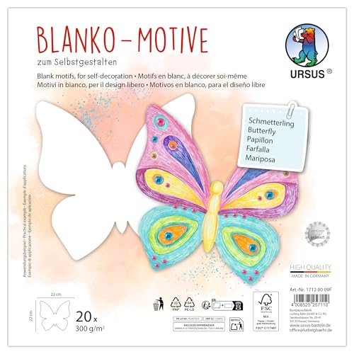 Ursus 1712 00 09F - Blanko Motive "Schmetterling", 20 Stück aus 300 g/m² Fotokarton, 22 x 22 cm, DIY Bastelpapier zum Ausmalen, Bekleben, Ausschneiden & Selbstgestalten von Ursus