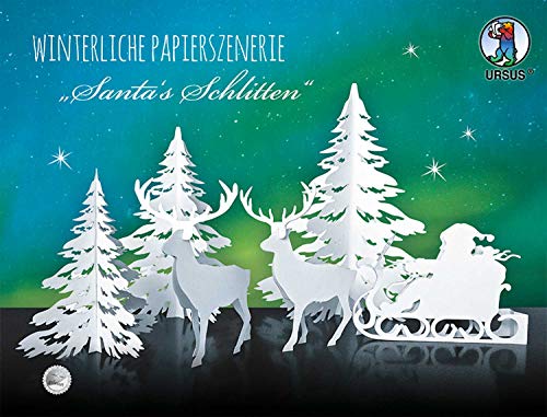 Ursus 17200002 - Winterliche Papierszenerie, Santa's Schlitten, weiß, 4 Blatt aus Bristolkarton 400 g/qm, gelasert und genutet, Set mit Bäume, Rentiere und Schlitten, inklusive Bastelanleitung von Ursus