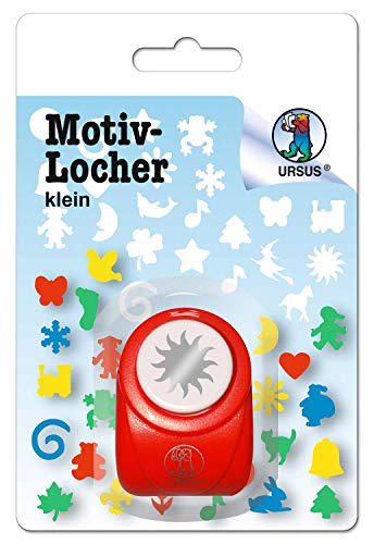 Ursus Motivlocher klein, Sonne, aus rotem Kunststoff mit Metallstanze, Durchmesser ca. 16 mm, für Papierqualitäten von 160-220 g/qm, mit Druckknopffunktion für eine einfache Handhabung Ursus Motivlocher klein, Sonne, aus rotem Kunststoff mit Metallstanze, Durchmesser ca. 16 mm, für Papierqualitäten von 160-220 g/qm, mit Druckknopffunktion für eine einfache Handhabung von Ursus