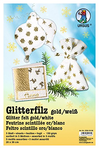 Ursus 20240099 - Glitter Filz, gold/weiß, ca. 20 x 30 cm, 150 g/qm, 5 Bogen, aus Bastelfilz, in 5 verschiedenen Motiven, ideal für kreative Bastelarbeiten Ursus 20240099 - Glitter Filz, gold/weiß, ca. 20 x 30 cm, 150 g/qm, 5 Bogen, aus Bastelfilz, in 5 verschiedenen Motiven, ideal für kreative Bastelarbeiten von Ursus