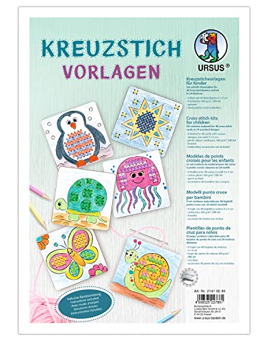 Ursus 21410099 - Kreuzstichvorlagen, 8 Blatt, 48 Kreuzstichkarten in 24 verschiedenen Motiven, ca. 9 x 9 cm, aus Fotokarton 300 g/qm, gelasert, DIN A4, inklusive Bastelanleitung, für Kinder von Ursus