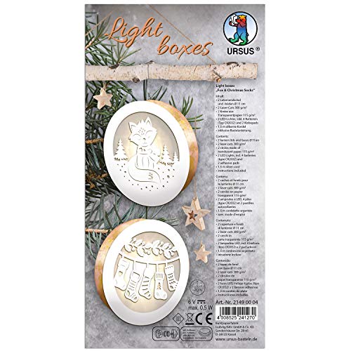 Ursus 21490004 - Light Boxes ca. Ø 11 cm Fox & Christmas Socks, 2 Laternendeckel und -böden, 2 Laser Cuts, 2 Kreise aus Transparentpapier 115 g/m², 2 LED Lichter, inkl. Zubehör und Bastelanleitung Ursus 21490004 - Light Boxes ca. Ø 11 cm Fox & Christmas Socks, 2 Laternendeckel und -böden, 2 Laser Cuts, 2 Kreise aus Transparentpapier 115 g/m², 2 LED Lichter, inkl. Zubehör und Bastelanleitung von Ursus