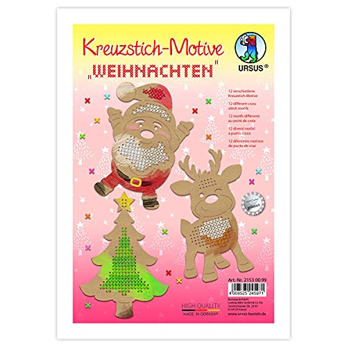 Ursus 21530099 - Kreuzstich-Motive Weihnachten, 12 weihnachtliche Stickbilder für Kinder aus braunem Kraftkarton, ca. 14 x 20 cm groß, Natur von Ursus