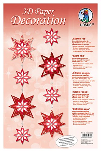 Ursus 21820099 - 3D Paper Dekoration Sterne, rot, Material für 8 große und 8 kleine Sterne, inklusive Bastelanleitung, ideal als winterliche Wand -, Fenster -, und Raumdekoration von Ursus