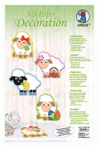 Ursus 21880099 - 3D Paper Dekoration Schäfchen, Material für 24 Schäfchen, ca. 6,2 9 x 7,5 cm, 3 lagig, inklusive Bastelanleitung, ideal zum Dekorieren von Karten, Scrapbooking und Geschenken von Ursus