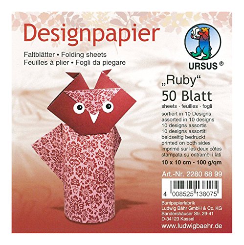 Ursus 22806899 - Designpapier Ruby, 50 Blatt in 10 verschiedenen Motiven, ca. 10 x 10 cm, 100 g/qm, beidseitig bedruckt, ideal zum Falten von kreativen Origami Tieren von Ursus