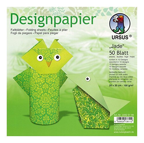 Ursus 22825199 Designpapier Jade, 50 Blatt in 10 verschiedenen Motiven, ca. 20 x 20 cm, 100 g/qm, beidseitig bedruckt, ideal zum Falten von kreativen Origami Tieren von Ursus