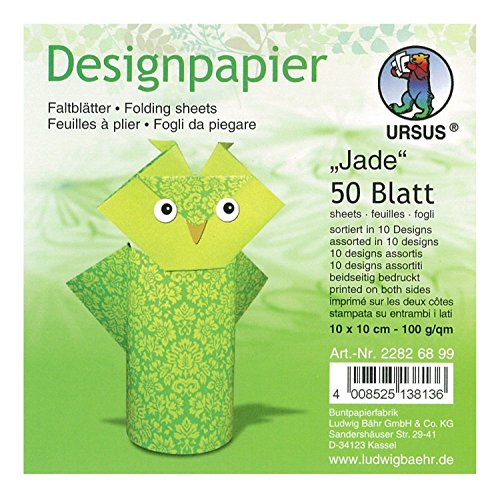 Ursus 22826899 - Designpapier Jade, 50 Blatt in 10 verschiedenen Motiven, ca. 10 x 10 cm, 100 g/qm, beidseitig bedruckt, ideal zum Falten von kreativen Origami Tieren von Ursus