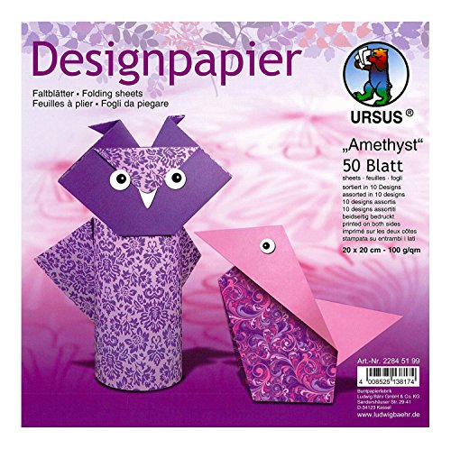 Ursus 22845199 - Designpapier Amethyst, 50 Blatt in 10 verschiedenen Motiven, ca. 20 x 20 cm, 100 g/qm, beidseitig bedruckt, ideal zum Falten von kreativen Origami Tieren von Ursus