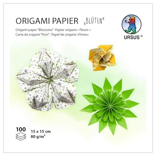 Ursus 2298 55 03 - Origami Papier "Blüten", Gelb/Grün, 100 Blatt, 80 g/m², 15 x 15 cm, 7 Motive sortiert, beidseitig bedruckt, mit Faltanleitung, Faltpapier zum Basteln, DIY & Deko Ursus 2298 55 03 - Origami Papier "Blüten", Gelb/Grün, 100 Blatt, 80 g/m², 15 x 15 cm, 7 Motive sortiert, beidseitig bedruckt, mit Faltanleitung, Faltpapier zum Basteln, DIY & Deko von Ursus