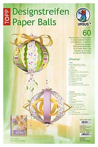 Ursus 23540099 - Designstreifen Paper Balls Florence, Material für bis zu 8 Paper Balls, Durchmesser ca. 10 cm, 60 Streifen mit Zubehör, ideal zum Basteln von individuellen Weihnachtskugeln von Ursus