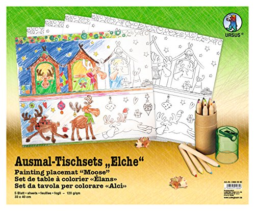 Ursus 24660000 - Ausmal Tischset Elche, 5 Blatt, ca. 33 x 40 cm, aus Zeichenkarton 120 g/qm, für Jungen und Mädchen, ideal als kleines Weihnachtsgeschenk von Ursus