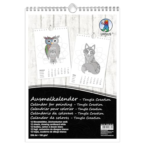 Ursus 24900000 - Ausmalkalender Tangle Creation A4, 190 g/m², 12 Monatsblätter bedruckt mit Tiermotiven, zum Ausmalen mit Buntstiften, Aquarellstiften, Brushstiften und Filzstiften von Ursus