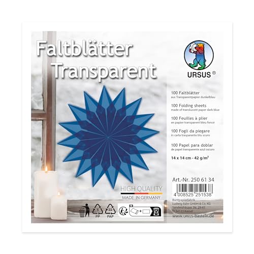 Ursus 2506100 - Faltblätter aus dunkelblauem Transparentpapier, ca. 14 x 14 cm, 42 g/m², 100 Blatt, zum Falten von transparent schimmernden Figuren, durchgefärbt von Ursus