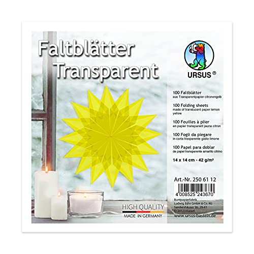 URSUS 2506112 Faltblätter aus gelbem Transparentpapier, ca. 14 x 14 cm, 42 g/m², 100 Blatt, zum Falten von transparent schimmernden Figuren, bunt von Ursus