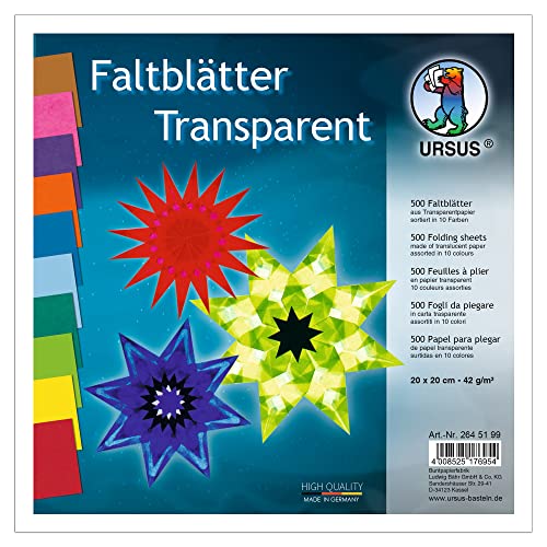 Ursus 2645199 - Faltblätter Transparentpapier, ca. 20 x 20 cm, 42 g/qm, 500 Blatt, sortiert in 10 Farben, durchgefärbt, ideale Grundlage für kreative Bastelarbeiten von Ursus