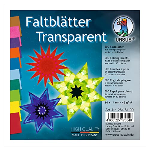 Ursus 2646199 - Faltblätter Transparentpapier, ca. 14 x 14 cm, 42 g/qm, 500 Blatt, sortiert in 10 Farben, durchgefärbt, ideale Grundlage für kreative Bastelarbeiten Ursus 2646199 - Faltblätter Transparentpapier, ca. 14 x 14 cm, 42 g/qm, 500 Blatt, sortiert in 10 Farben, durchgefärbt, ideale Grundlage für kreative Bastelarbeiten von Ursus