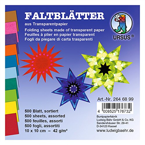 Ursus 2646899 - Faltblätter Transparentpapier, ca. 10 x 10 cm, 42 g/qm, 500 Blatt, sortiert in 10 Farben, durchgefärbt, ideale Grundlage für kreative Bastelarbeiten Ursus 2646899 - Faltblätter Transparentpapier, ca. 10 x 10 cm, 42 g/qm, 500 Blatt, sortiert in 10 Farben, durchgefärbt, ideale Grundlage für kreative Bastelarbeiten von Ursus