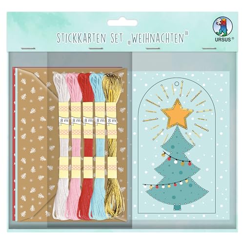 Ursus 3080099F - Stickkarten Set, Weihnachten, Grußkarten A6, zum Besticken von 8 weihnachtlichen Grußkarten 250 g/m², mit 8 Briefumschlägen, 5 Docken Stickgarn und einer Sticknadel von Ursus