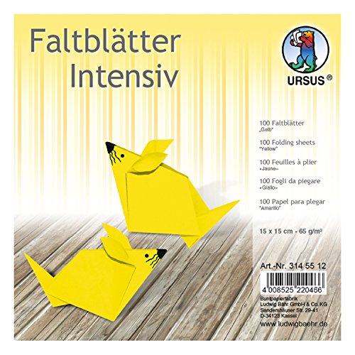 Ursus 3145512 - Faltblätter Uni intensiv, gelb, ca. 15 x 15 cm, 65 g/qm, 100 Blatt, aus Plakatpapier, durchgefärbt, für kleine und große Origami Künstler, ideal für vielseitige Bastelarbeiten von Ursus