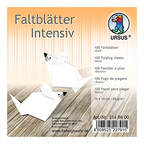 Ursus 3146800 - Faltblätter Uni intensiv, weiß, ca. 10 x 10 cm, 65 g/qm, 100 Blatt, aus Plakatpapier, durchgefärbt, für kleine und große Origami Künstler, ideal für vielseitige Bastelarbeiten von Ursus