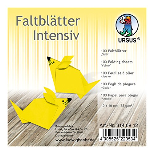 Ursus 3146812 - Faltblätter Uni intensiv, gelb, ca. 10 x 10 cm, 65 g/qm, 100 Blatt, aus Plakatpapier, durchgefärbt, für kleine und große Origami Künstler, ideal für vielseitige Bastelarbeiten von Ursus