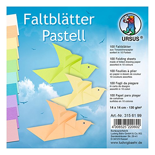 Ursus 3156199 - Faltblätter Pastell, ca. 14 x 14 cm, 130 g/qm, 100 Blatt in 10 verschiedenen Farben, aus Tonzeichenpapier, durchgefärbt, ideale Grundlage für vielseitige Bastelarbeiten von Ursus