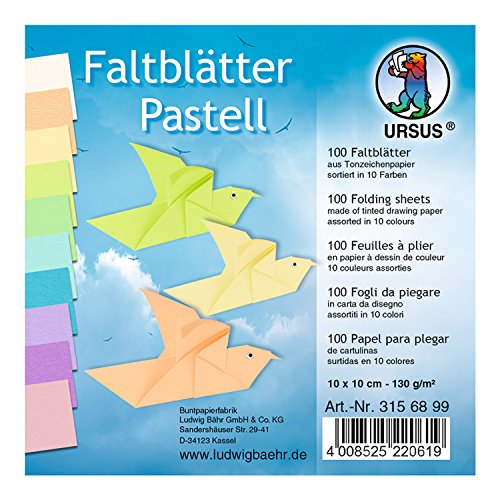 Ursus 3156899 - Faltblätter Pastell, ca. 10 x 10 cm, 130 g/qm, 100 Blatt in 10 verschiedenen Farben, aus Tonzeichenpapier, durchgefärbt, ideale Grundlage für vielseitige Bastelarbeiten von Ursus