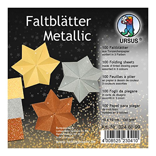 Ursus 3246899 - Faltblätter Metallic, aus Tonzeichenpapier 130 g/qm, 100 Blatt in 3 Farben, ca. 10 x 10 cm, durchgefärbt, hohe Farbbrillanz und Lichtbeständigkeit, ideal für schöne Faltfiguren von Ursus