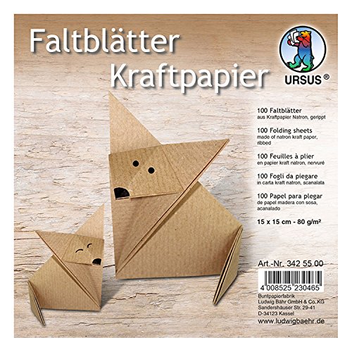 Ursus 3425500 - Faltblätter Kraftpapier, ca. 15 x 15 cm, aus Natron Kraftpapier, 80 g/qm, 100 Blatt, gerippt, für kleine und große Origami Künstler, ideal für kreative Bastelarbeiten von Ursus