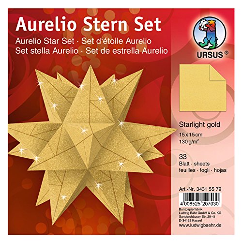 Ursus 34315578 - Faltblätter Aurelio Stern Starlight, gold matt, 33 Blatt, aus Papier mit Metallic Effekt 130 g/qm, ca. 15 x 15 cm, beidseitig veredelt, ideal als Weihnachtsdeko von Ursus