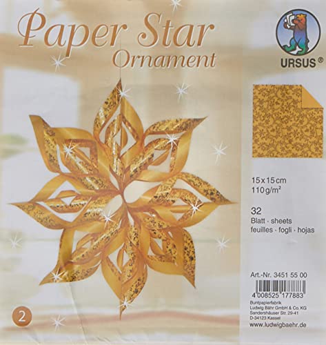Ursus 34515500 - Paper Star Ornament 2, gold, 32 Blatt, ca. 15 x 15cm, 110 g/qm, vorgestanztes, hochwertiges Bastelpapier mit edlem Perleffekt, folienveredelt, einseitig bedruckt von Ursus