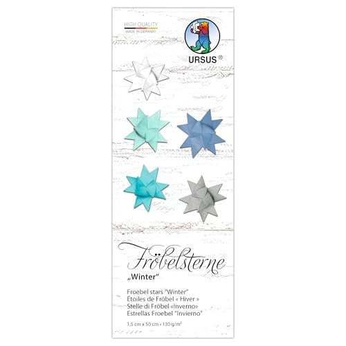 Ursus 3513 00 99 - Fröbelsterne "Winter", 130 g/m² aus Tonzeichenpapier, 80 Faltstreifen, Größe 1 x 50 cm, Ø 4,3 cm, 5 Farben, mit Bastelanleitung, DIY Bastelpapier zum falten von Ursus