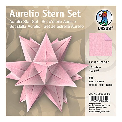 Ursus 35605526 - Faltblätter Aurelio Stern Crush Paper, rosa, 33 Blatt, aus Papier 120 g/qm, ca. 15 x 15 cm, beidseitig bedruckt, einseitig mit Metallic Effekt, ideal als Weihnachtsdeko von Ursus