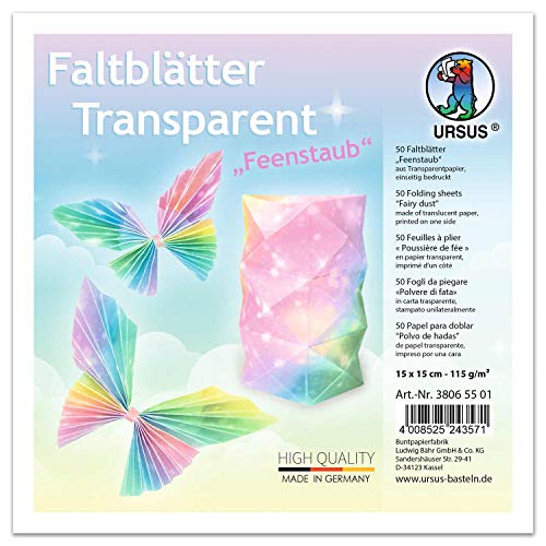 Ursus 38065501 - Transparentpapier-Faltblätter Feenstaub, 50 Blatt, ca. 15 x 15 cm, 115 g/qm, einseitig Bedruckt, zum Falten von Fensterbildern, Sternen und Figuren, bunt Ursus 38065501 - Transparentpapier-Faltblätter Feenstaub, 50 Blatt, ca. 15 x 15 cm, 115 g/qm, einseitig Bedruckt, zum Falten von Fensterbildern, Sternen und Figuren, bunt von Ursus