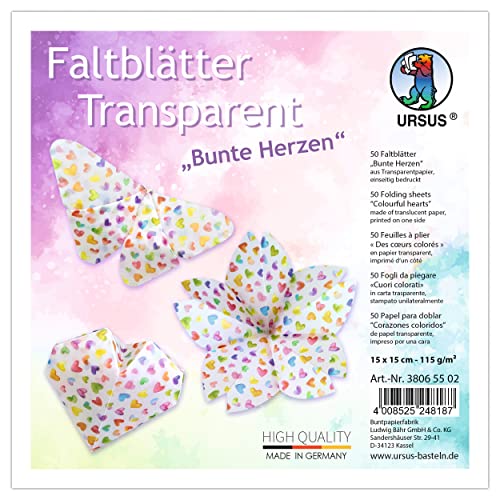 Ursus 38065502 - Transparentpapier-Faltblätter Bunte Herzen, 50 Faltblätter 15 x 15 cm, einseitig bedruckt, zum Basteln und Falten von Figuren, Sternen und Fensterbildern von Ursus