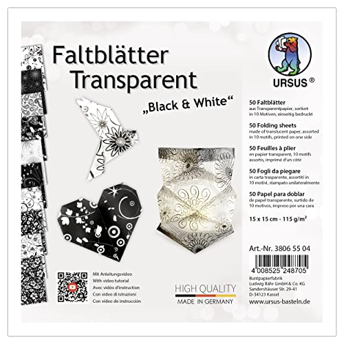 Ursus 38065504 - Faltblätter Transparent "Black & White" 115 g/m², 50 Faltblätter 15 x 15 cm, einseitig bedruckt von Ursus