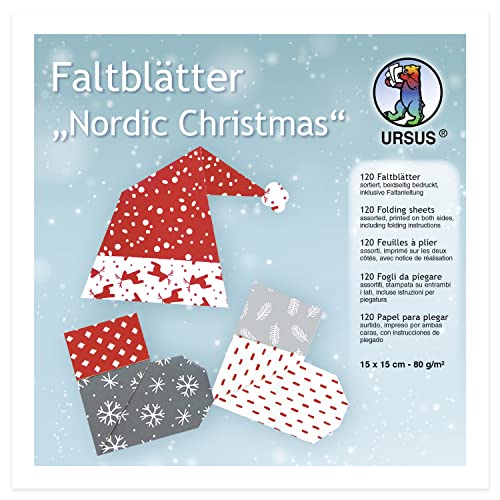 Ursus 38075599F - Faltblätter Nordic Christmas, ca. 15 x 15 cm, 120 Blatt quadratisches Faltpapier mit 10 verschiedenen weihnachtlichen Motiven, beidseitig Bedruckt, bunt von Ursus