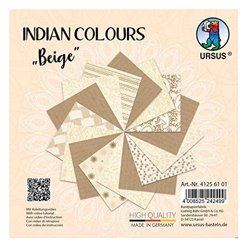 Ursus 41256101 - Indian Colours Beige, mit 10 Naturpapier und 5 Blatt Packpapier, gerippt, einseitig Bedruckt, mit Metall-Effekt und Glitter veredelt von Ursus