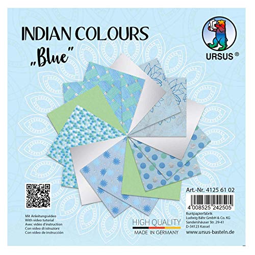 Ursus 41256102 - Indian Colours Blue, mit 10 Naturpapier und 5 Blatt Tonzeichenpapier, einseitig Bedruckt, mit Metall-Effekt und Glitter veredelt von Ursus