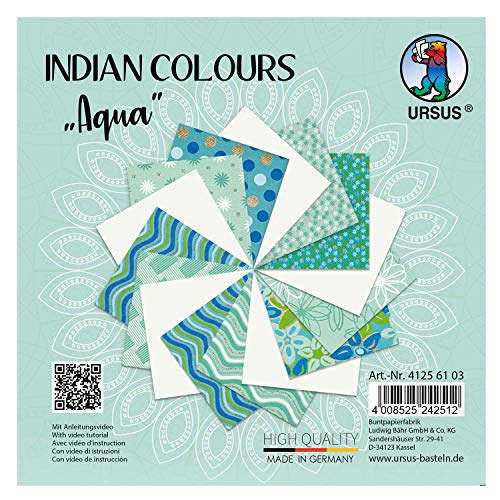 Ursus 41256103 - Indian Colours Aqua, mit 10 Naturpapier und 5 Blatt Tonzeichenpapier, einseitig Bedruckt, mit Metall-Effekt und Glitter veredelt von Ursus